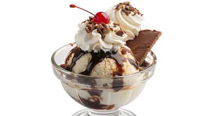 Delicious ice cream sundae with chocolate sauce and whipped cream