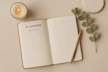 Open weekly planner with a golden pen, a lit candle, and a eucalyptus branch creating a calm and organized workspace