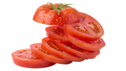Fresh sliced tomatoes stacked with water droplets on transparent backgound