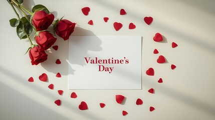 Flat lay Valentine&rsquo;s Day card mockup with red roses and heart confetti on a clean light background.