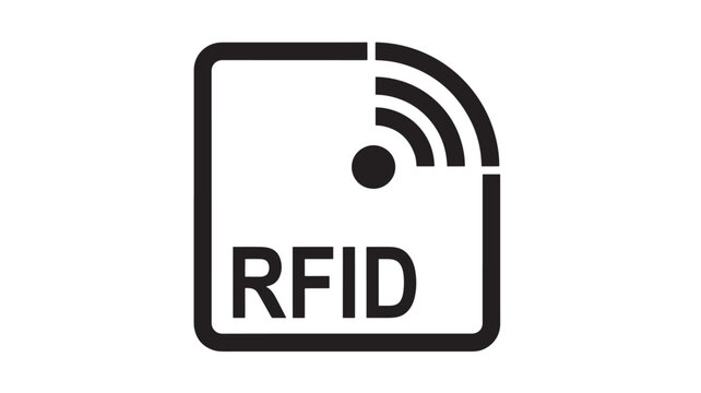 Minimalist black RFID tag icon with a rounded square border, signal arcs, and dot, suitable for technology, access control, and electronic branding