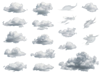 Collection of realistic fluffy white clouds isolated on white background, weather elements