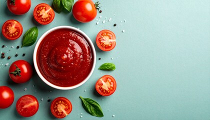 Homemade tomato sauce with basil leaves on green background. Chopped tomatoes for italian sauce. Rustic style