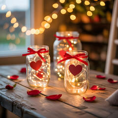 Mason Jar Valentine Lights with Heart Tags &mdash; Romantic DIY Mason Jar Lanterns with Fairy Lights and Rose Petals for Wedding or Home Decor
