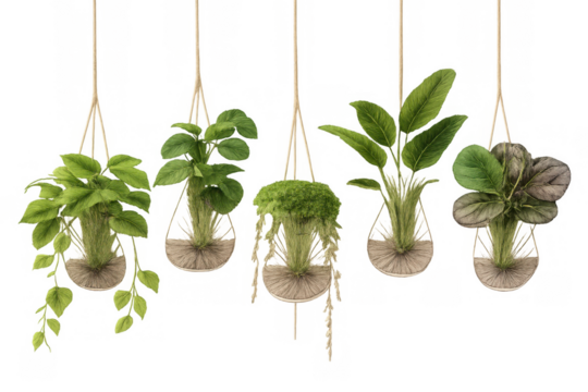 Collection of assorted hanging indoor plants in decorative planters creating a natural and fresh green home decor element - Powered by Adobe