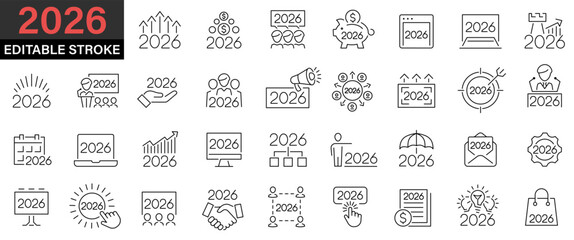 Set of icons related to 2026 New Year. 2026 Beginning of the new year. Plans for the new year. Holiday. New happiness. Editable stroke. Vector illustration