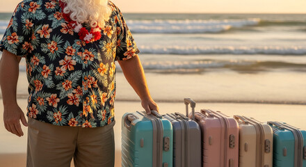Image of a person in floral shirt with suitcase collection near beach, symbolizing travel, vacation, and leisure lifestyle with Christmas theme