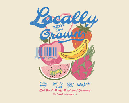 Farmers market poster design. Many fruit in basket. Modern art design. Banana, watermelon, pear, blueberry, pineapple, strawberry, cherry, illustration artwork.