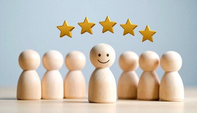 Smiling wooden figure with five-star rating among plain peers on light blue background.