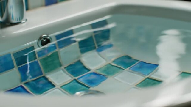 White basin filled with rippling water revealing blue and teal square tiles on its bottom A chrome faucet and drain are visible