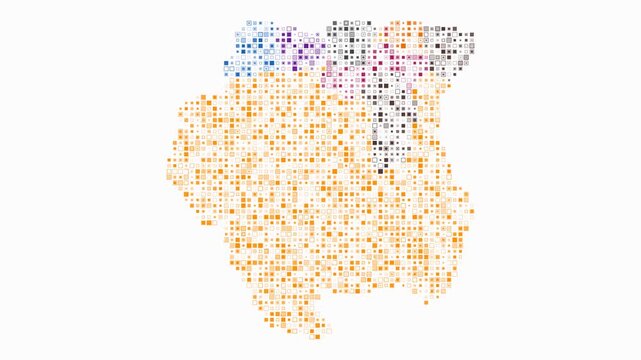 Suriname animated country shape. Pulsating colored dots on the map of the country. Small size square blocks. Digital style Suriname map on white background. Trending animation video.