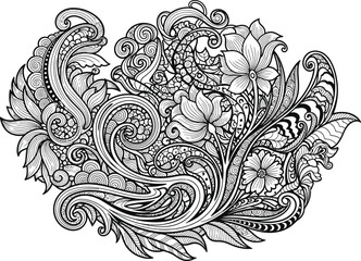 black and white, stylized organic floral motif, abstract botanical illustration, monochrome natural elements, intricate pattern design, dynamic asymmetrical composition, curving shapes and textures