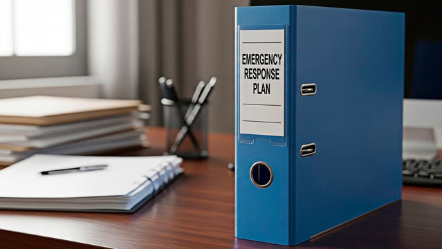 An emergency response plan binder on a desk, representing preparedness.