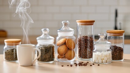 Home kitchen countertop with six glass jars of tea, coffee, sugar, and cookies, and a steaming white mug, highlighting daily kitchen routine and organized space