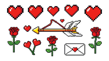 Pixelated Valentine's Day: A collection of pixel art symbols representing love and affection, featuring hearts, roses, and an arrow, all conveying the spirit of Valentine's Day.