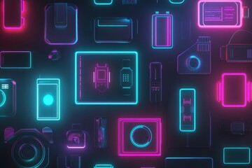 Colorful neon icons displayed on a black background showcasing various technology devices