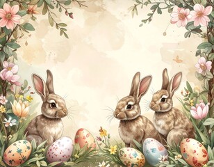 Three Rabbits with Easter Eggs Floral Border.