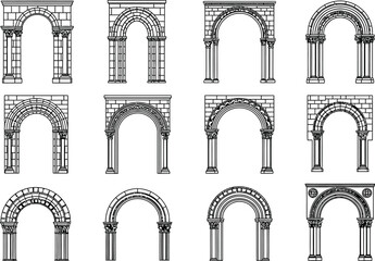 Collection of detailed architectural arch drawings featuring various styles and stone textures ideal for historical or fantasy illustrations and design  