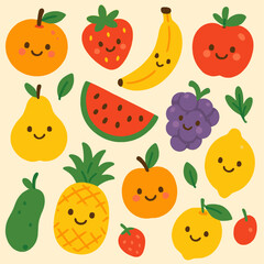 Assortment of cute smiling fruits, including oranges, strawberries, bananas, apples, pears, watermelon, grapes, lemons, and pineapples