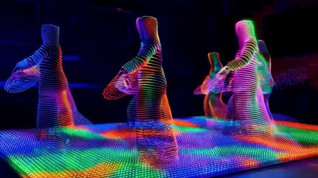 Medium shot of LED dance lights creating vibrant colorful patterns that dynamically enhance the energy of a live dance performance.