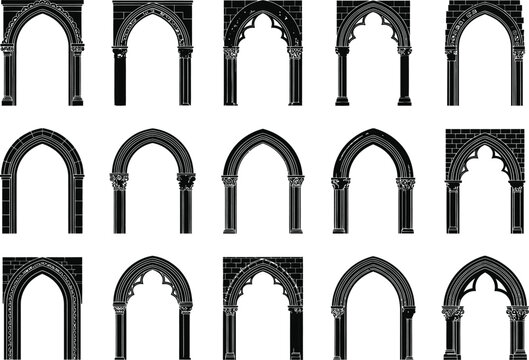 Collection of detailed architectural arch drawings featuring various styles and stone textures ideal for historical or fantasy illustrations and design  