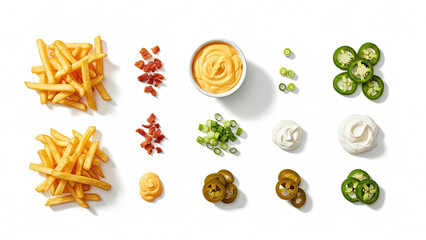 Flat lay ingredients for loaded french fries arranged in a knolling pattern on white background