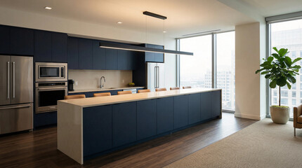 Dark blue kitchen island with seating and city view through large windows