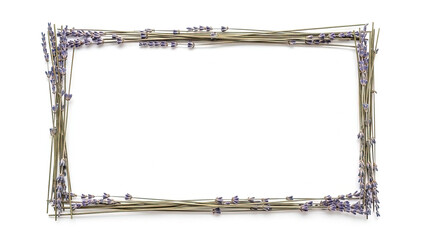 Rectangular frame made of dried purple lavender flowers isolated on white background with copy space