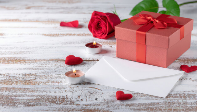Scatola regalo rossa con rosa e busta su tavolo in legno con cuori decorativi. Generative AI 