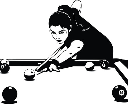 Female Playing PoolBilliards Silhouette - Sport, Hobby & Leisure Vector Art. only black and white 