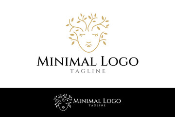 elegant woman face logo icon vector with leaf element in line style design