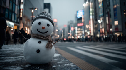Cute snowman with scarf and hat on snowy city street, urban winter scene with lights and crosswalk in background.