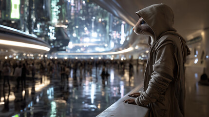 Anthropomorphic rodent in hoodie overlooks futuristic city crowd in neon-lit sci-fi environment.