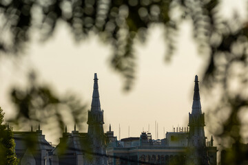 Fototapeta premium Historical cathedral towers in morning fog