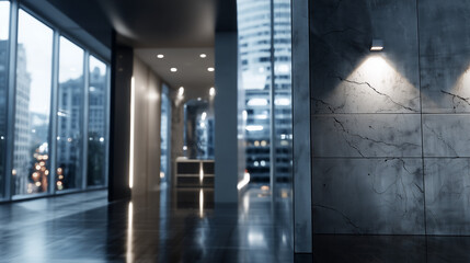 Modern luxury office interior with marble walls, city view through glass windows, and elegant ambient lighting.