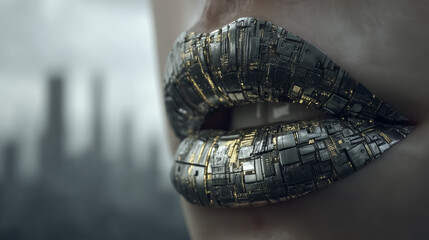 Close-up of futuristic metallic lips resembling circuit boards, with a cyberpunk aesthetic and a blurred city skyline background.