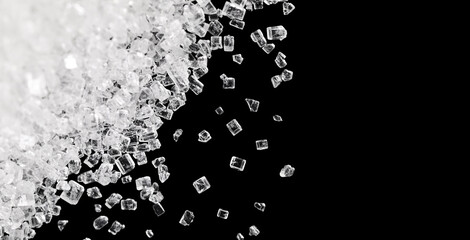Macro close-up of white sugar crystals scattered on black background. Detailed view of granulated...