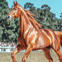 Side view of a glossy chestnut Saddlebred trotting with flair in an arena, its tail set high and fanned out behind in full motion. The image is captured in 8K clarity with crisp muscle definition, pol