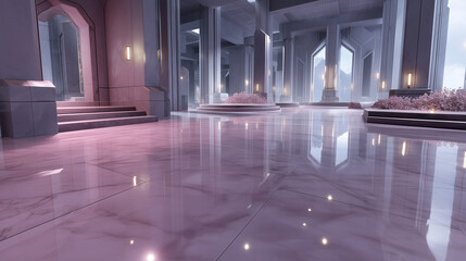 Modern fantasy hall with glossy pink marble floor, tall columns, and soft lighting in a futuristic palace interior.