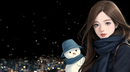 Anime style girl with long brown hair in winter clothing standing beside a snowman, city lights and snow in background.
