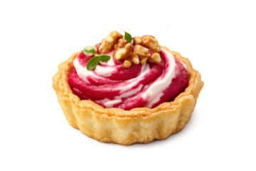Individual beetroot hummus savory tartlet with walnut and basil, a gourmet appetizer or healthy snack, transparent background