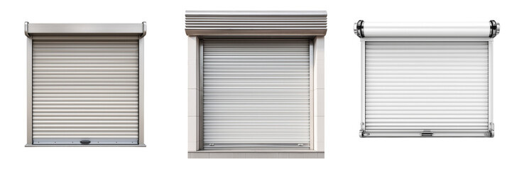 Three different security roller shutters in silver and white tones isolated on a transparent background