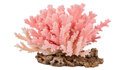 Vibrant pink coral reef on rocky base isolated on black background