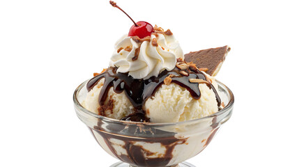Delicious ice cream sundae with chocolate sauce and whipped cream