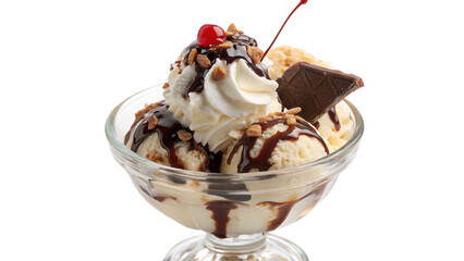 Delicious ice cream sundae with chocolate sauce and whipped cream