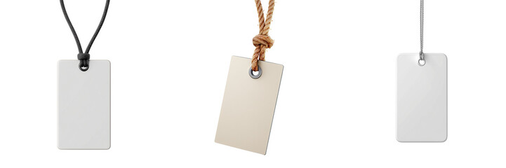 Three blank rectangular tags with rounded corners hanging from strings isolated on a transparent background