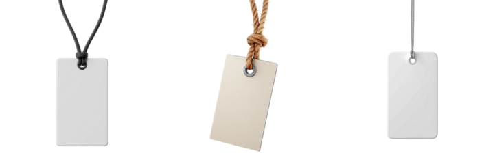 Three blank rectangular tags with rounded corners hanging from strings isolated on a transparent background
