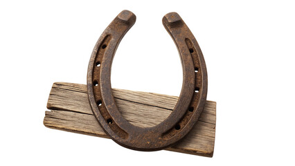 Rusty horseshoe on wooden plank black background