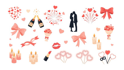 Symbols of Affection: A romantic collection of charming symbols including hearts, kisses, and delightful ribbons to express love and affection. 