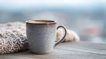 Cozy coffee cup with knitted blanket winter morning hygge lifestyle relaxation home comfort background